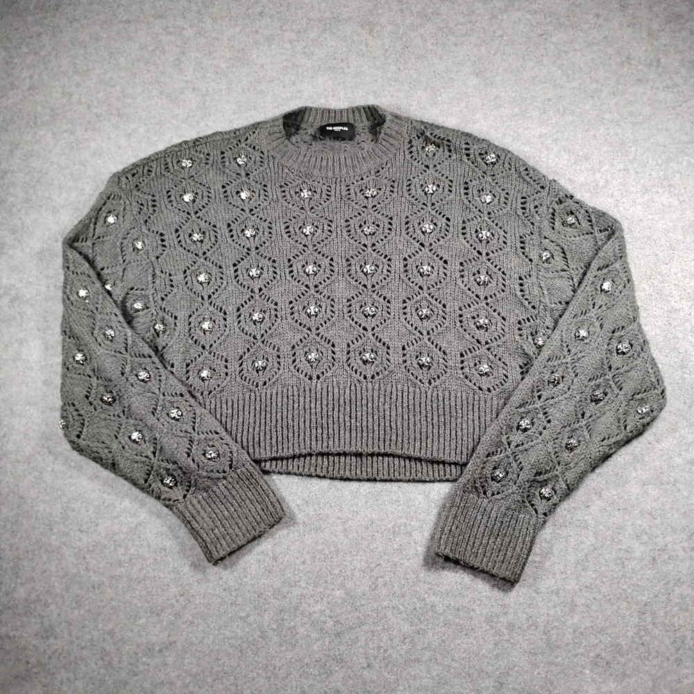The Kooples Embellished Crop Pointelle Knit Sweater Womens Gray Jewel Studded M